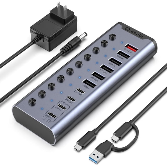 Powered USB Hub, 10-Port C Hub with 6*USB-A 3.2, 2*USB-C 3.2 and 2*PD 45W Charging Ports Individual Switches 24V/3A Power Adapter, Extension for MacBook, PC More.