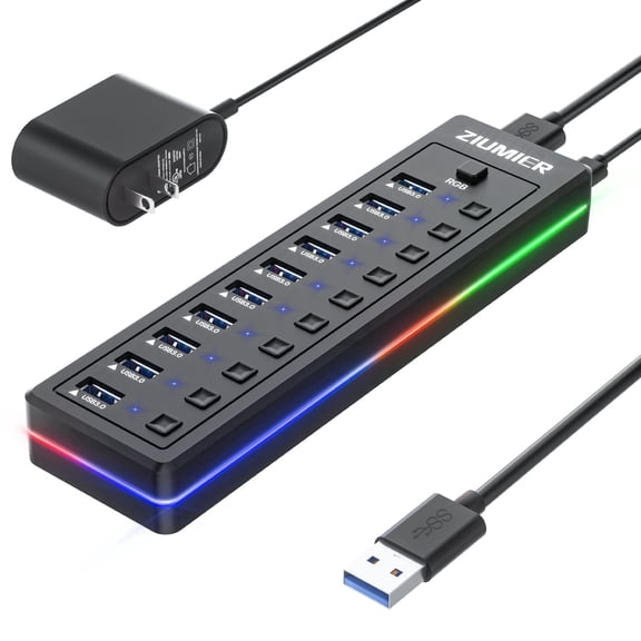 Powered USB Hub, 10-Port USB 3.0 Hub-5Gbps Data Transfer,Individual On/Off Switches and 12V/2A Power Adapter for Laptop, PC, Mouse, Keyboard, Hard Drive or More USB Devices.