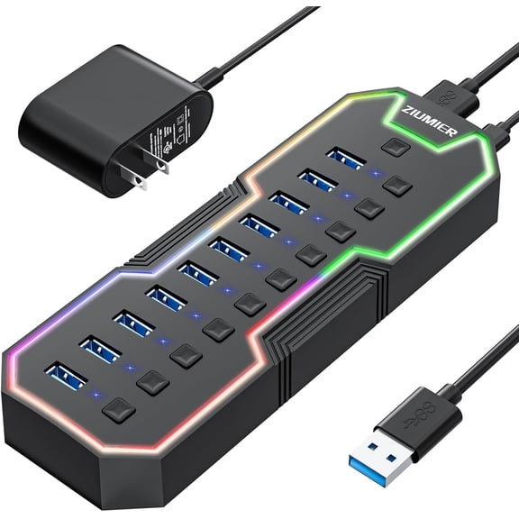 Powered USB Hub, 10 Ports 3.0 Hub with RGB LED Strip and 12V/2A Power Adapter Extension,Individual On/Off es for Mac, PC, Desktop, Flash Drive, Mobile HDD