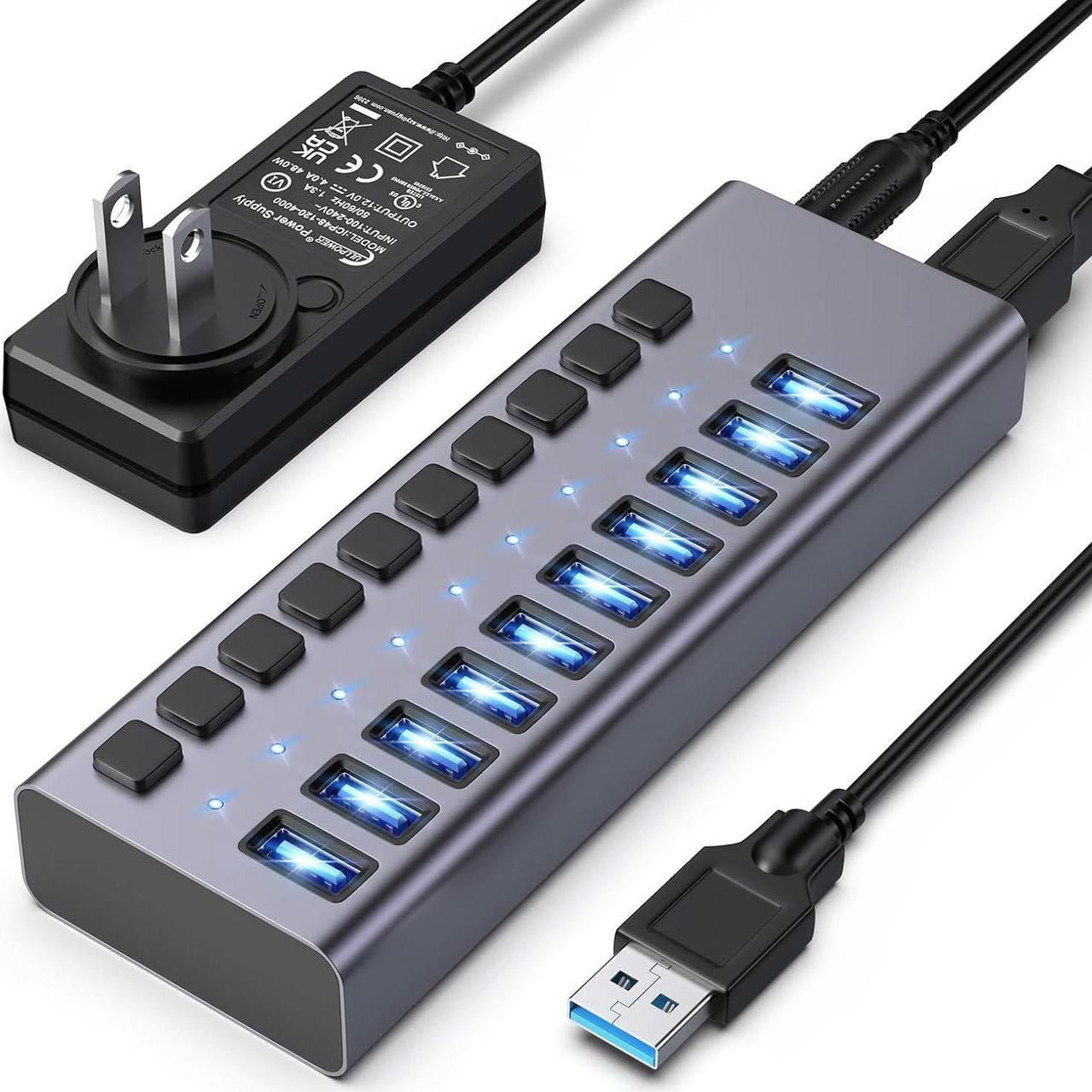Powered USB Hub,10 Ports USB 3.1 Hub with 10Gbps Data Speed, Individual On/Off Switches, 12V4A 48W Power Adapter, USB Hub 3.1 Powered for MacBook, Mac Pro/Mini, Surface Pro Laptop/PC