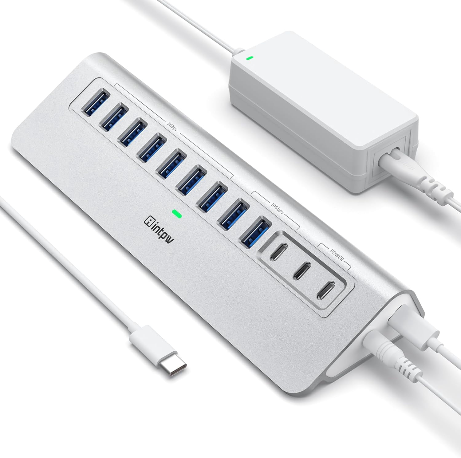 Powered USB Hub 10Gbps, YH9AC 12 Port USB C Hub with 10Gbps USB C 3.2+2 USB A 3.2, 7 USB 3.0, 2 PD 45W Charging Port, 65W Power Adapter + 3.3FT Cable, Aluminum USB Hub for Laptop/iPhone 17/16/PC