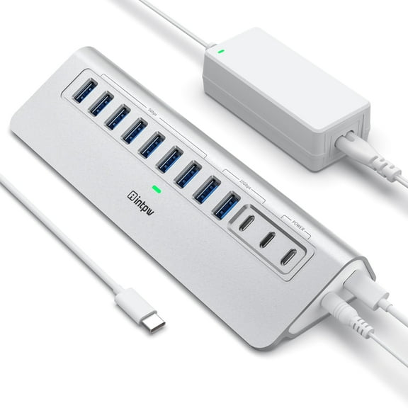 Intpw 12-Port 10Gbps Powered USB Hub, Aluminum PD 45W Docking Station with Type-C & Type-A 3.2 Ports, 65W Adapter for Laptop, MacBook, PC
