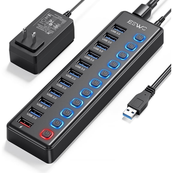Powered USB Hub, 11 Port 3.0 10 Data Transfer Ports + 1 Smart Charging Port, Hub with Individual LED On/Off Switches and 12V/3A Power Adapter