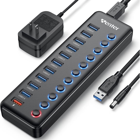 Powered USB Hub, 11-Port Splitter Hub (10 Faster Data Transfer Ports+ 1 Smart Charging Port) with Individual LED On/Off es, 3.0 Power Adapter for Mac, PC