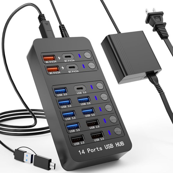 Powered USB Hub, 14 Ports Splitter Hub (10 Faster Data Transfer Ports+ 4 Smart Charging Port) with LED Individual On/Off es for PC, Laptop, Desktop