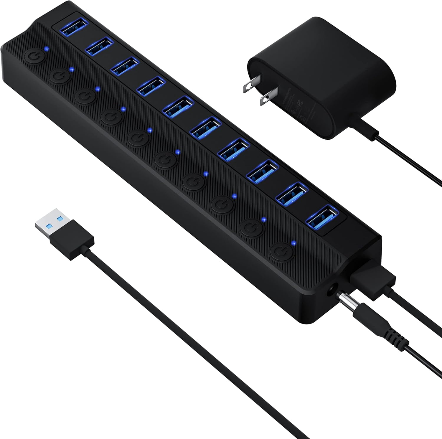 Powered USB Hub 3.0, 10-Port Splitter with Individual On/Off Switches and 12V/2A Power Adapter Extension