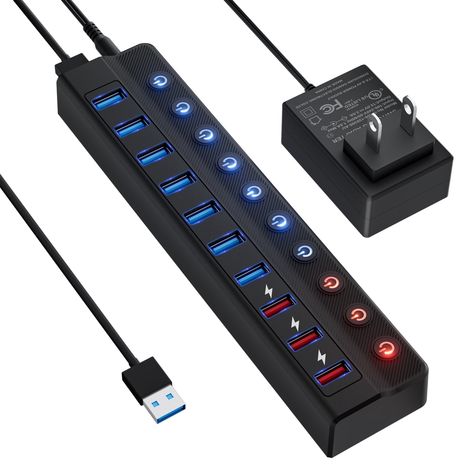 Powered USB Hub 3.0, 10-Port USB Splitter Hub (7 Faster Data Transfer Ports+ 3 Smart Charging Ports) with Individual LED On/Off Switches and 12V/3A Power Adapter USB Extension for Mac, PC and More