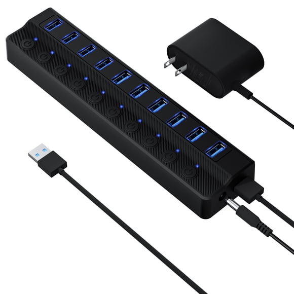 Powered USB Hub 3.0, 10-Port USB Splitter with Individual LED ON/Off Switches, USB Hub 3.0 with 12V 2A Power Adapter for PC Laptop MacBook, Mac Pro