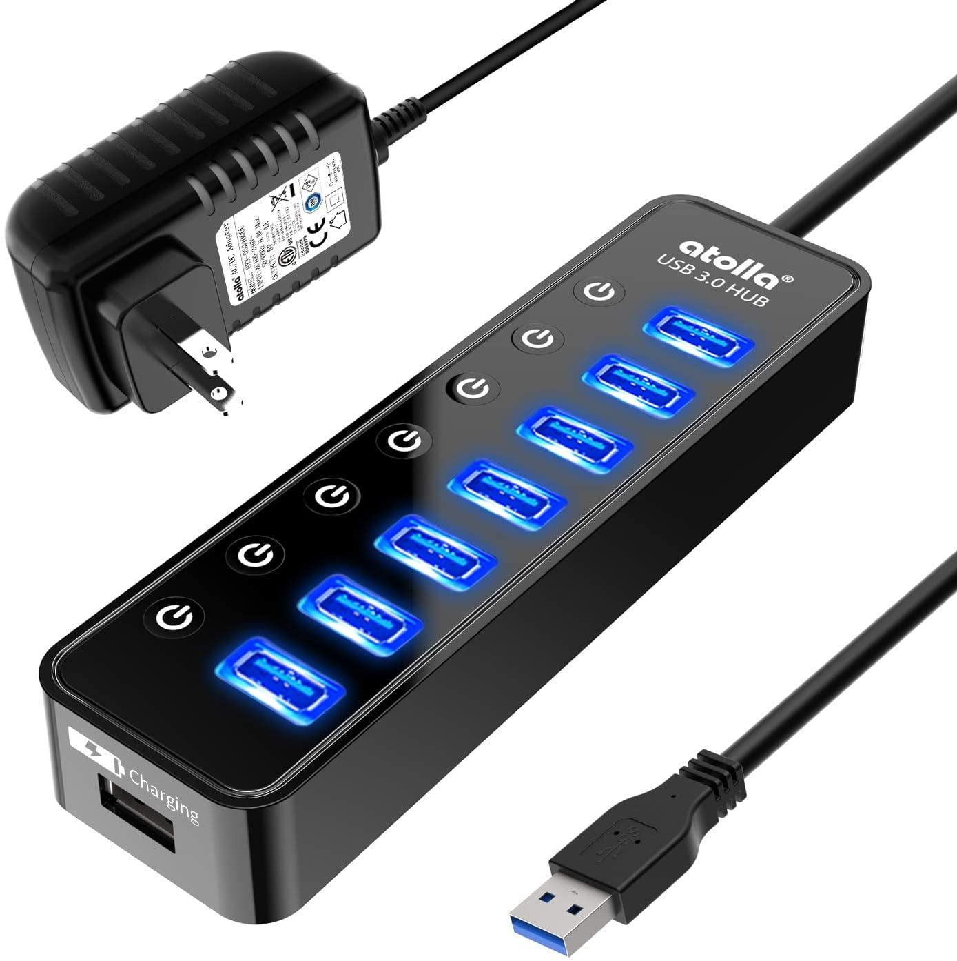 Powered USB Hub 3.0, 7-Port Data Splitter with One Smart Charging Port and Individual On/Off Switches 5V/4A Power Adapter Extension for MacBook, Mac Pro/Mini More.
