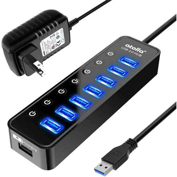 Powered USB Hub 3.0, 7-Port Data Splitter with One Smart Charging Port and Individual On/Off Switches 5V/4A Power Adapter Extension for MacBook, Mac Pro/Mini More.