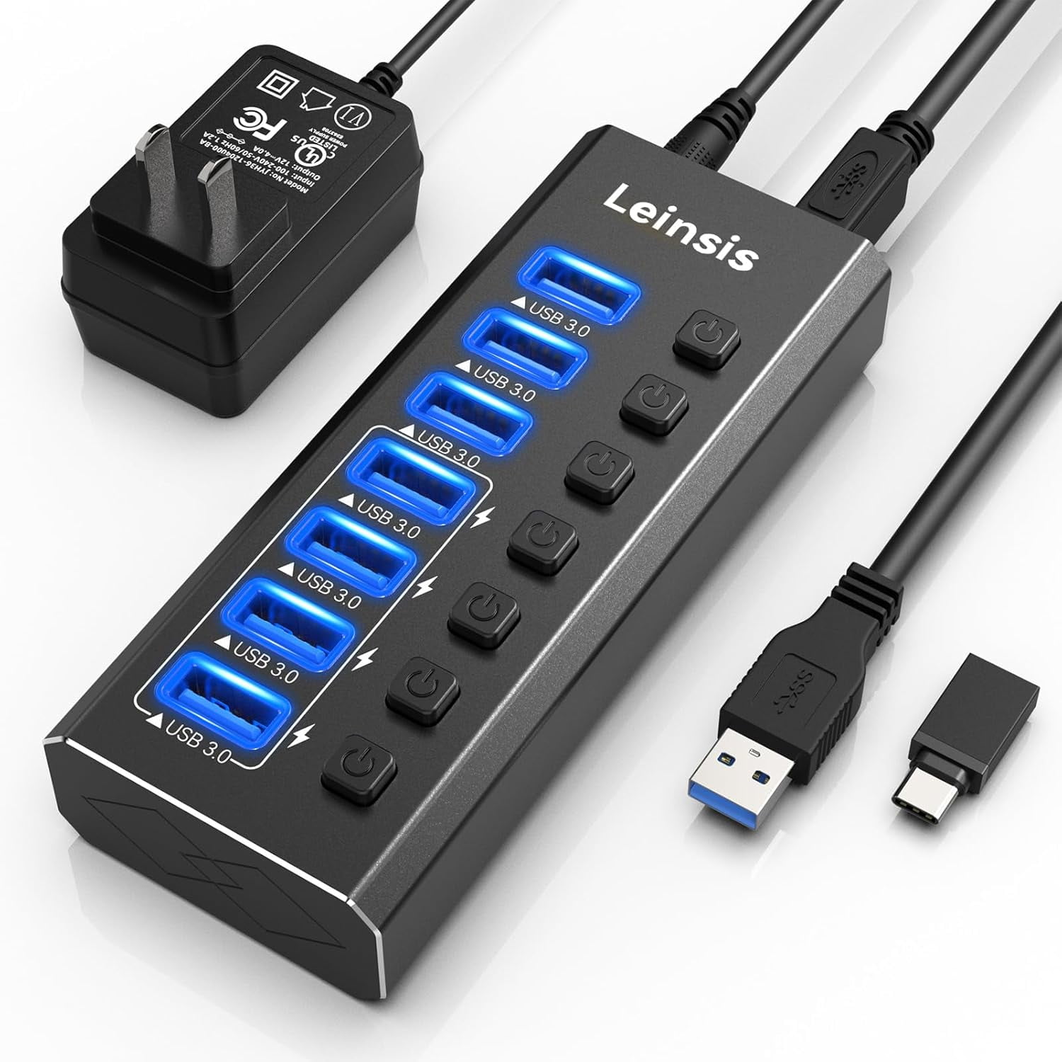 Powered USB Hub 3.0, 7-Port USB 3.0 Hub [Durable Aluminum] 7 Data Transfer Ports+ 4 Smart Charging Ports with Individual On/Off Switches, USB Hub 3.0 Powered with Power Adapter for Laptop PC