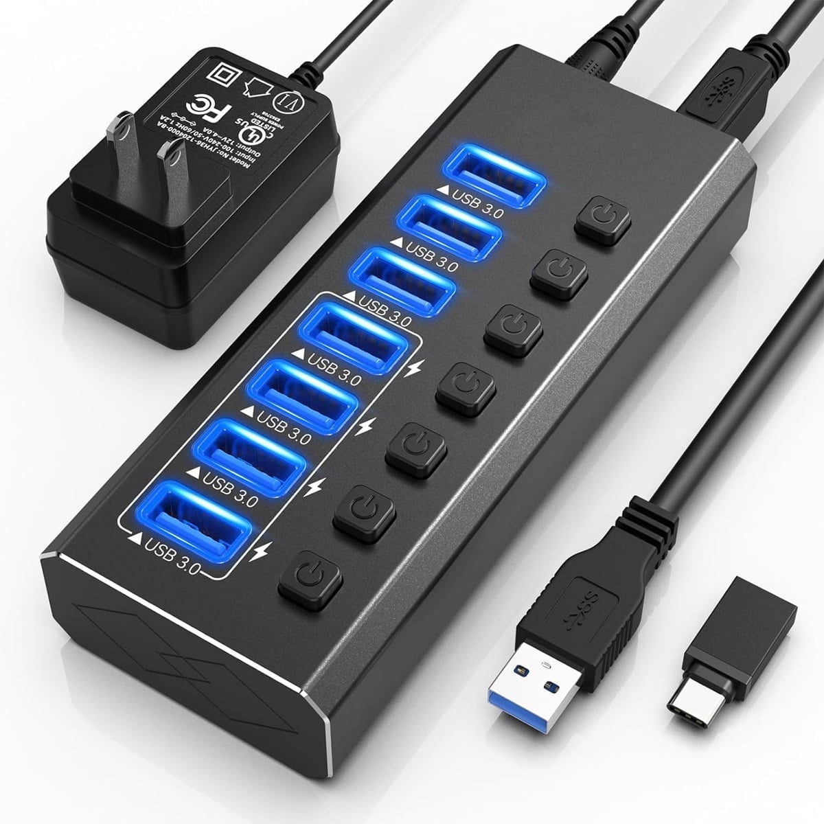 Powered USB Hub 3.0,AUBEAMTO 7-Port USB 3.0 Hub [Durable Aluminum] 7 Data Transfer Ports+ 4 Smart Charging Ports with Individual On/Off Switches, USB Hub 3.0 Powered with Power Adapter for Laptop PC