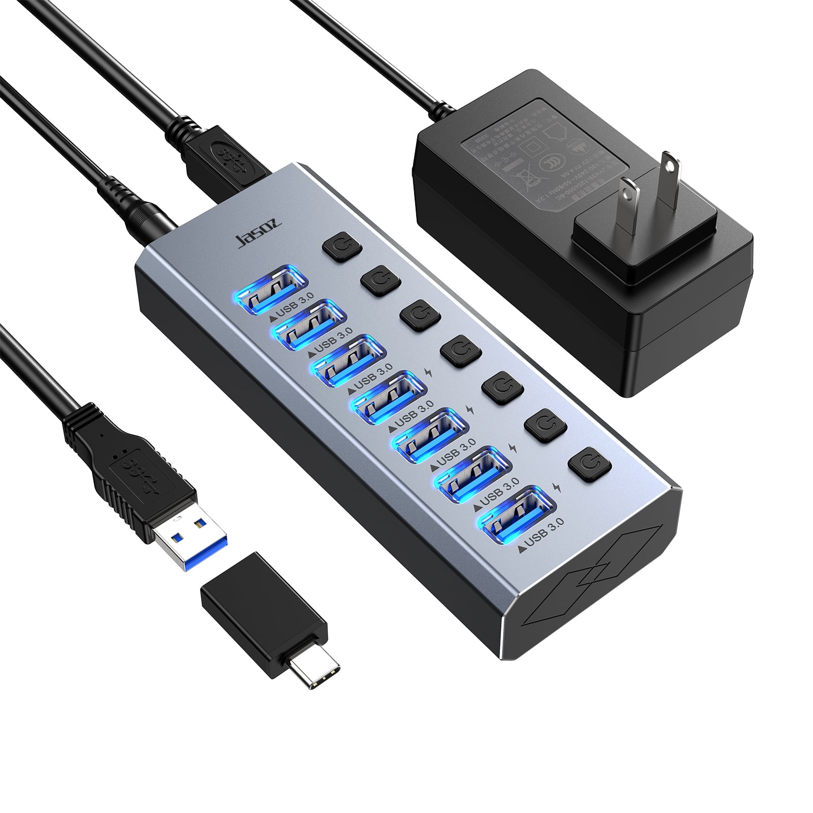 Powered USB Hub 3.0 with ac Adapter -7 USB 3.0 Data Transfer Ports, 4 Charging Ports with Individual On/Off Switches, Power Adapter Included
