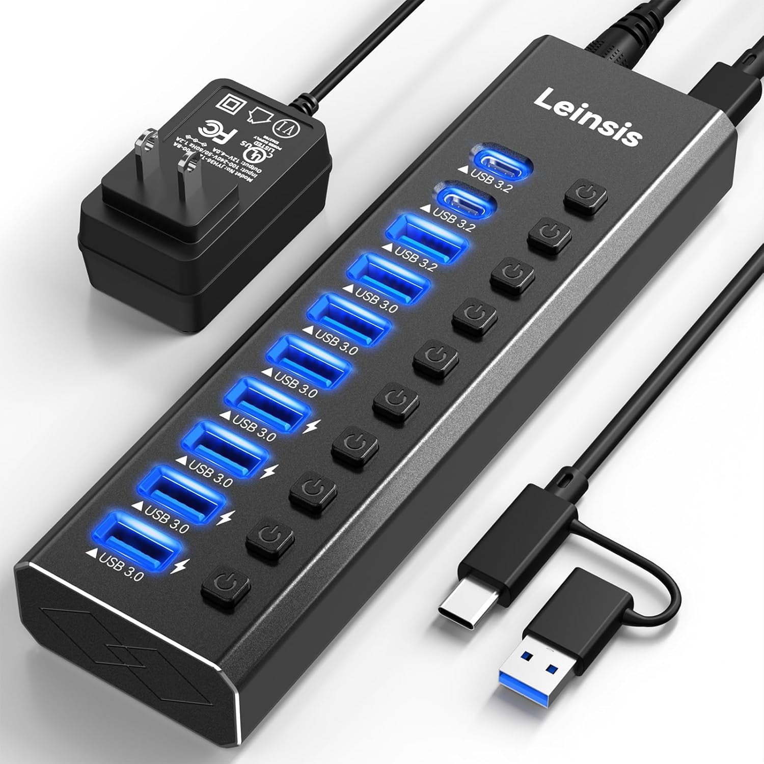 Powered USB Hub 3.2, 10-Port 3.2/USB C (10Gbps USB-A 3.2 +2 USB-C +7 3.0 Ports) with Individual On/Off Switches and 12V Power Adapter, Aluminum for Laptop PC