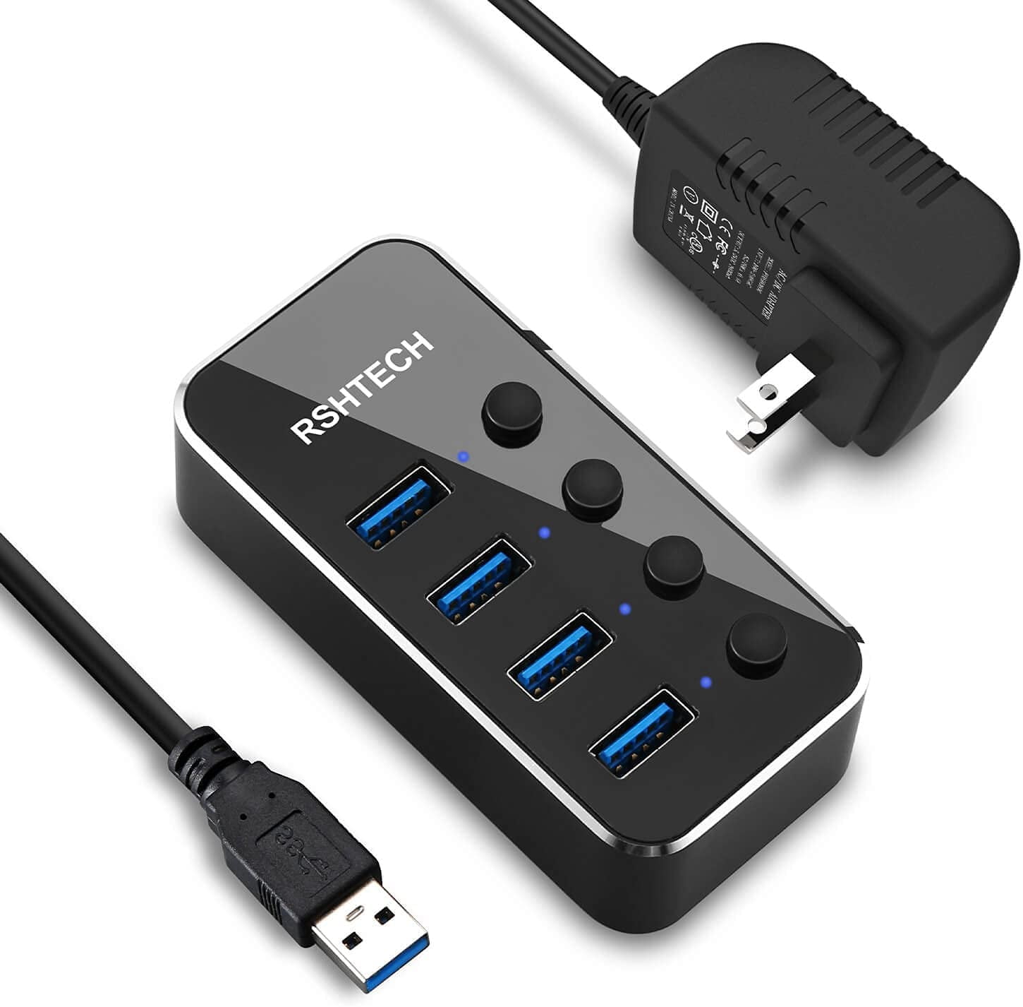 Powered USB Hub, 4 Port USB 3.0 Hub Splitter Portable Aluminum USB Data Hub Expander with Individual On/Off Switch and versal 5V AC Adapter, 3.3ft USB 3.0 Cable (RSH-516)