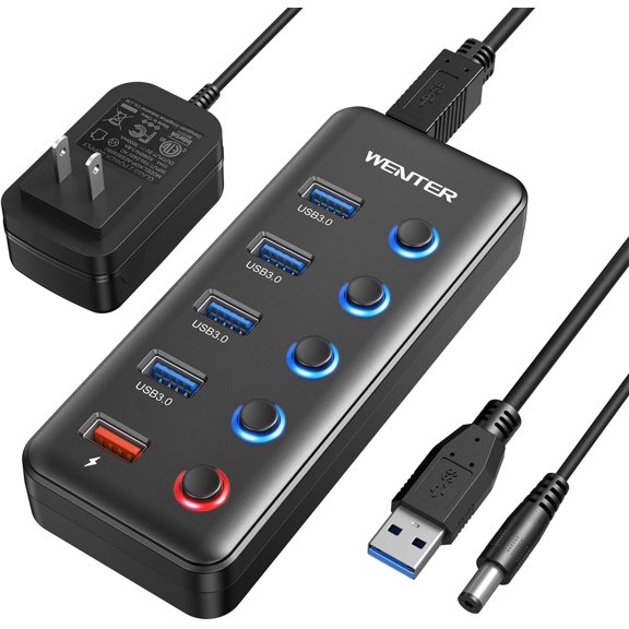 Powered USB Hub, 5 Ports 3.0 Hub (4 Data Transfer Ports+ 1 Smart Charging Port) with Individual LED On/Off es, 15W Power Supply for PC, MAC