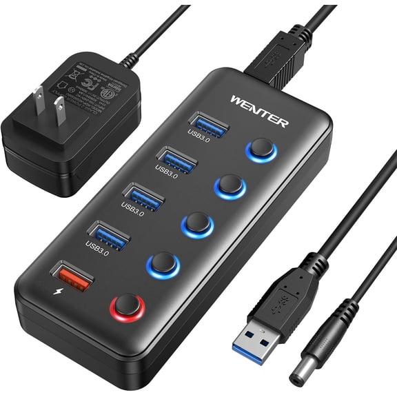Powered USB Hub, 5 Ports 3.0 Hub (4 Data Transfer Ports+ 1 Smart Charging Port) with Individual LED On/Off Switches, 15W Power Supply for PC, MAC