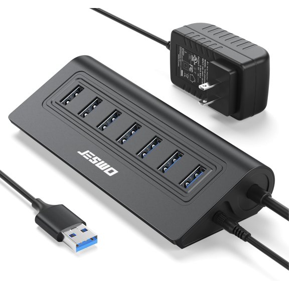 Powered USB Hub, 7-Port 3.0 Aluminum Data Hub with 3.3ft Cable, 20W Power Adapter for , Mac Pro/mini, iMac, XPS, PC, USB-Flash Drives, etc. (Black)
