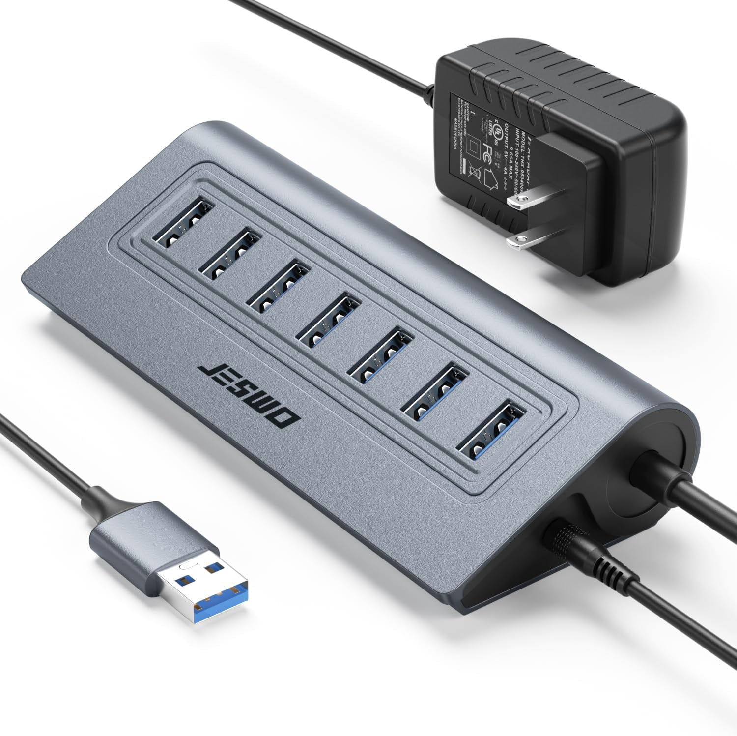Powered USB Hub, 7-Port USB 3.0 Hub, Aluminum USB Data Hub with 3.3ft Cable, USB Hub 3.0 Powered with 5V/4A Power Adapter for MacBook, Notebook PC, USB-Flash Drives, Mobile HDD and More (Grey)