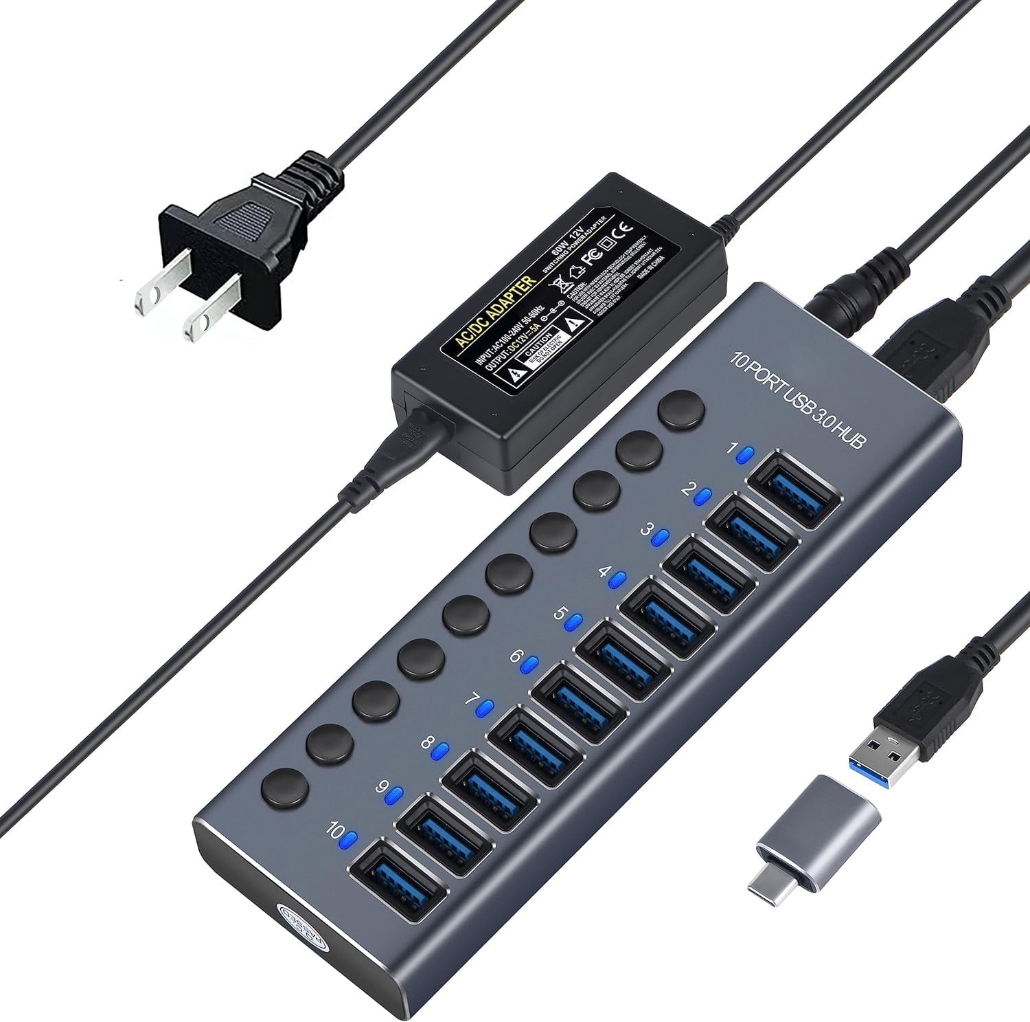 Powered USB Hub, AUBEAMTO Aluminum 10-Port USB 3.0 Hub with 10 USB 3.0 Data Transfer Ports, USB Splitter with Individual Switch and 60W (12V/5A) Power Adapter for Laptop, PC, Computer, Mobile HDD