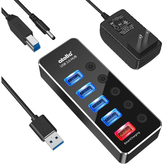 Powered USB Hub, Aluminum 5-Port 3.0 Hub with 4 Data Ports and 1 Smart Charging Port, Splitter 5V/3A Power Adapter Individual Switches