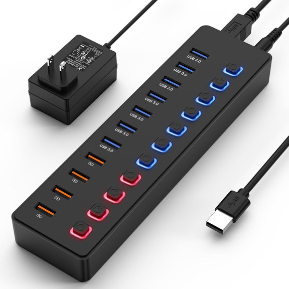 Powered USB hub,USB hub11-Port hub Splitter (7 3.0 Data Transfer Ports + 4 Smart Charging Port), Independent (with LED Working Indicator) Hub with Power Adapter for Mac/PC