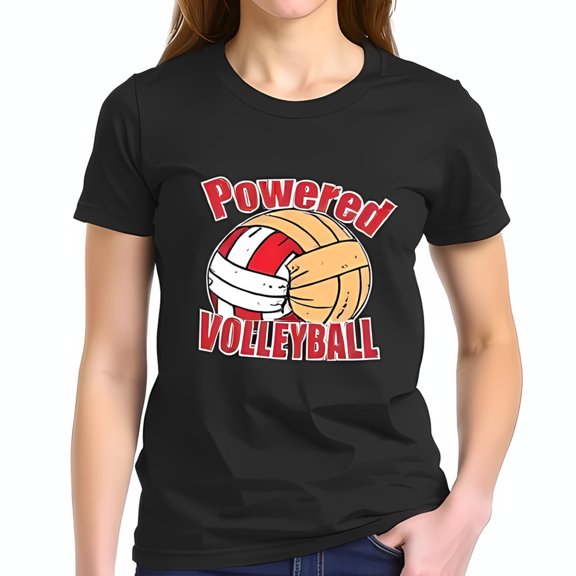 Powered Volleyball Cotton Short Sleeve T-Shirt - Vibrant Red & White Graphic Design with Volleyball & Ribbon Motif