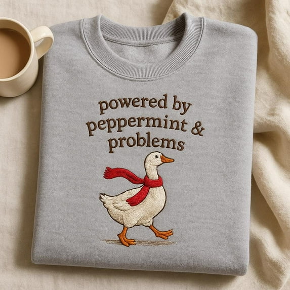 Powered by Peppermint & Problems Goose Sweatshirt, Funny Christmas Embroidered Bird Gift, Sarcastic Holiday Hoodie