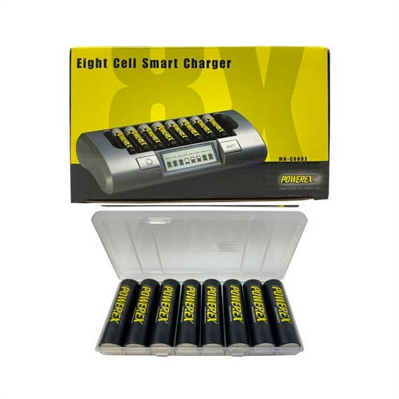 Powerex MH-C800S Eight Slot Smart Charger + 8 AA NiMH Powerex Rechargeable Batteries (2600 mAh) with Battery Case