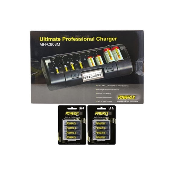 Powerex MH-C808M 8 Bay LCD Charger + 8 AA NiMH Powerex PRO Rechargeable Batteries (2700 mAh) with Battery Case