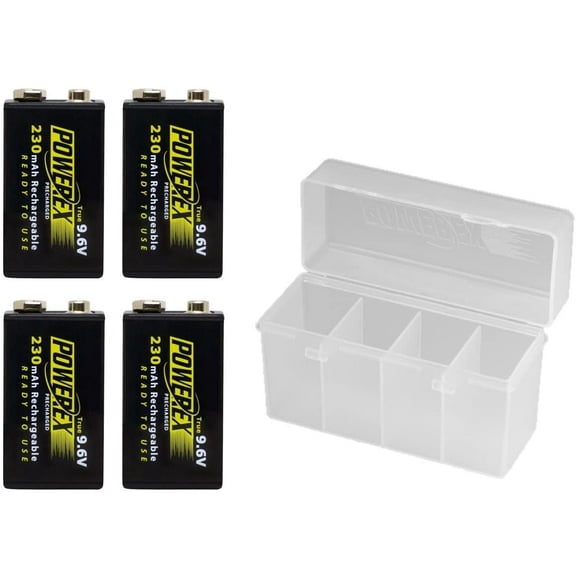 Powerex Precharged 9V (9.6V) Rechargeable Low Self-Discharge NiMH 4 Batteries with Case