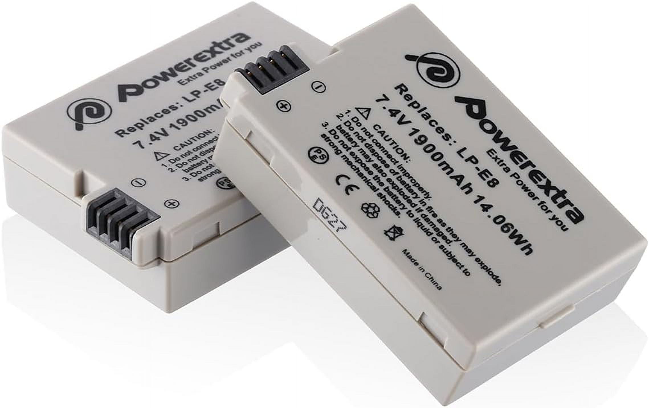 Powerextra LP E8 2 Pack 7.4V 1900mAh Li-ion Compatible with Canon LP-E8 Battery for CA Rebel T3i, T2i, T4i, T5i, 600D, 550D, 650D, 700D, Kiss X5, X4, Kiss X6, LC-E8E