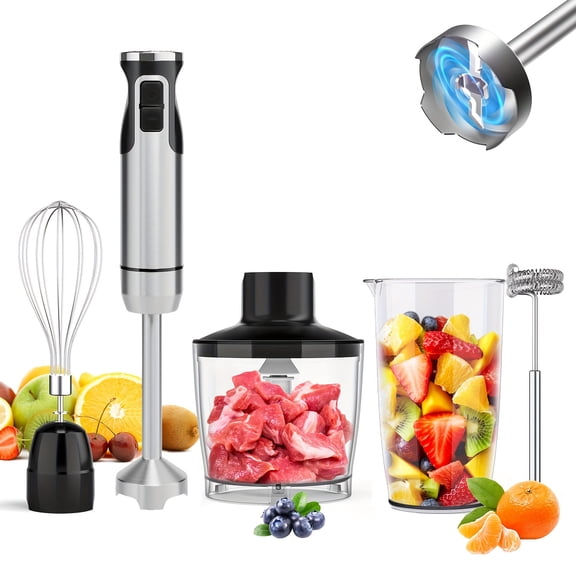 Powerful 1000W 5-in-1 Immersion Hand Blender with LED Light, 12 Speeds, Stainless Steel Blades, 600ml Chopper & Beaker, Whisk & Milk Frother, BPA-Free