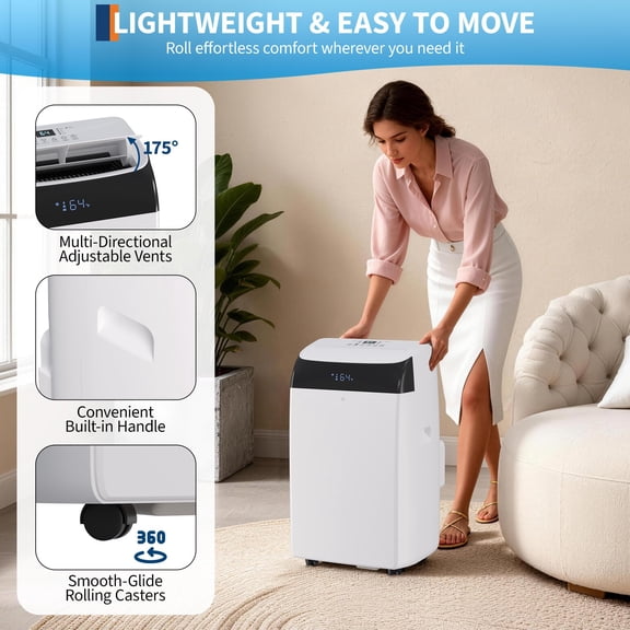 Powerful 14,000 BTU Dual Hose Portable Air Conditioner with Heat Pump – 3-in-1 Cooling, Heating & Dehumidifier – Quiet, Energy Efficient Mobile AC for Rooms up to 700 Sq. Ft – Remote Control – White