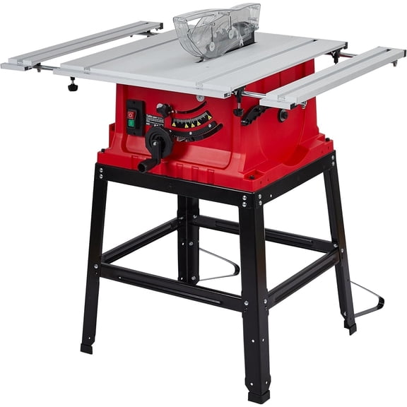 Powerful 15A 5000RPM Benchtop Table Saw with Stand – 10-Inch Blade, Adjustable Height & Depth, 90° Crosscut & 0-45° Bevel, Integrated Powder Collector – For Woodworking, Metal, Acrylic, Plastic
