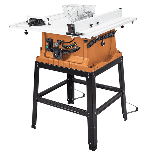 Powerful 15A 5000RPM Table Saw with Stand, 10 Inch Blade, 90° Crosscut and 0-45° Bevel, Adjustable Height, Powder Collector – Portable Benchtop Saw for Woodworking, Metal, Acrylic, Plastic