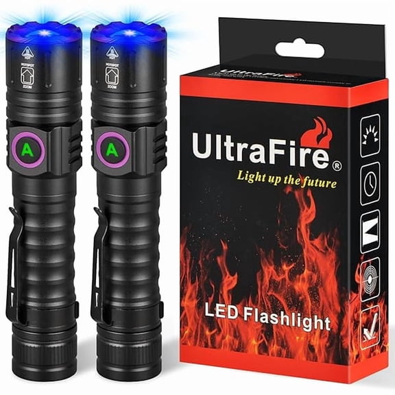 Powerful 365nm UV Flashlight - Rechargeable LED Blacklight, Multi-Functional and Invisible 365nm Light - Compact Fluorescent Lamp for Pet Stains Detection, Resin Curing - Pack of 2