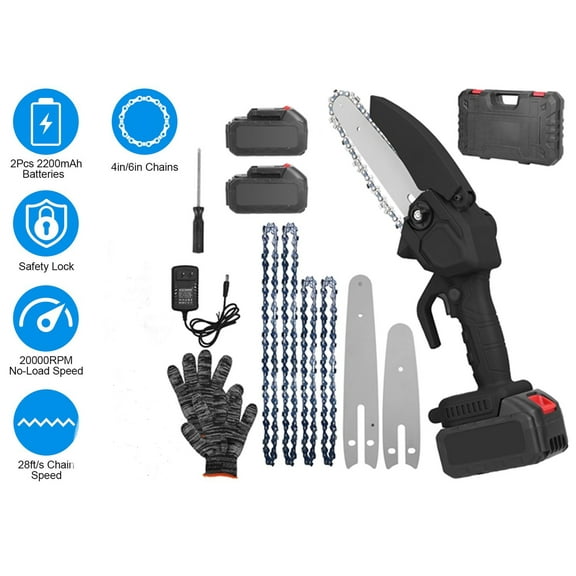Powerful 4" & 6" Cordless Electric Chainsaw Kit - Rechargeable Battery Powered Handheld Mini Saw for Garden & Wood Cutting, Black