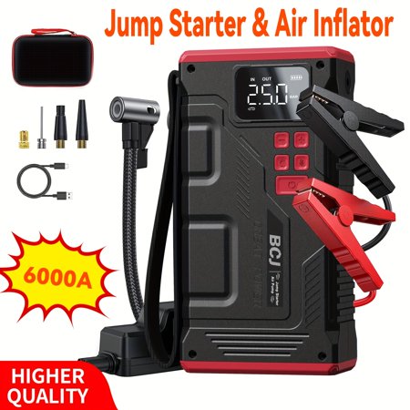 Powerful 6000A New Car Jump Starter With Air Compressor and Digital Tire Inflator