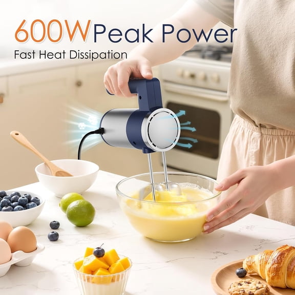 Powerful 600W Hand Mixer, 5-Speed Electric Hand Held Mixer for Baking, Lightweight Stainless Steel Hand Beaters *2 & Dough Hooks*2 with Eject Button, Kitchen Mixer for , Cookies, Dough-Blue