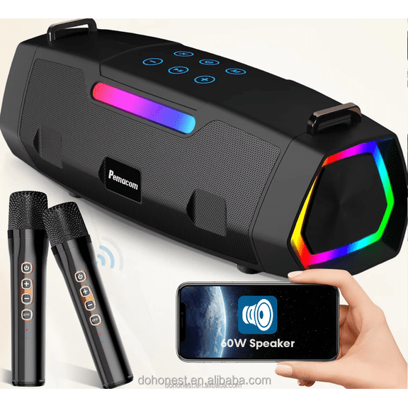 New Moon PM01-2 Portable Bluetooth Speaker with Shoulder Strap & 2 Wireless Microphones, Black