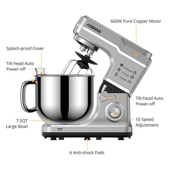 Powerful 660W 10-Speed Stand Mixer 7.5QT Tilt-Head Kitchen Food Mixer Stainless Steel Bowl, Dough Hook, Beater, Whisk, Splash Guard Low Noise, Anti-Shake For Baking, Cakes & Bread