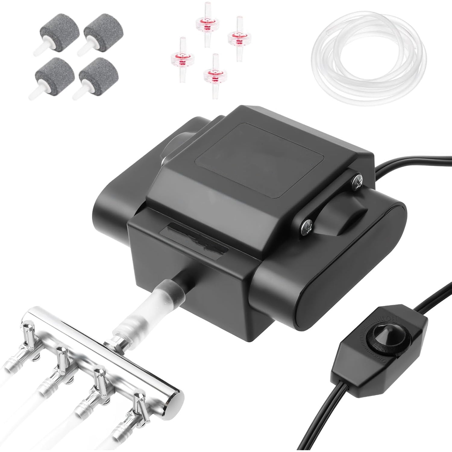 Powerful Aquarium Air Pump Adjustable Fish Oxygen Aerator Pump for Basement Aquarium Ponds Hydroponic 4 Outlets Commercial Air Pump Bubbler with Accessories for Fish Tank Up to 600Gal(10W,237GPH)