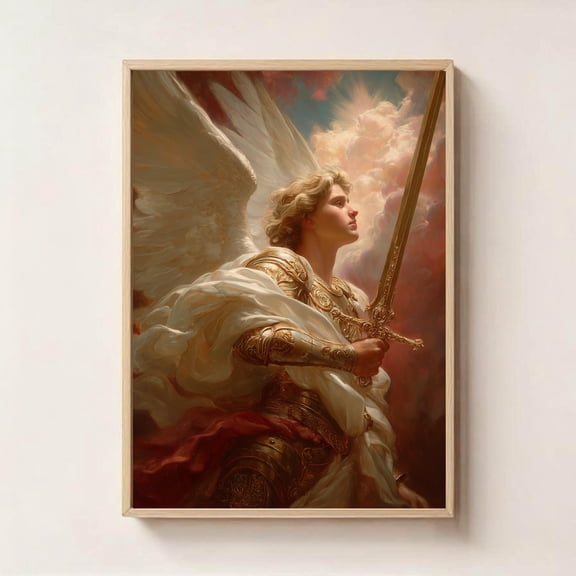 Powerful Archangel with Sword Christian Angel Warrior Wall Art, Unframed Paper Poster 16x20in