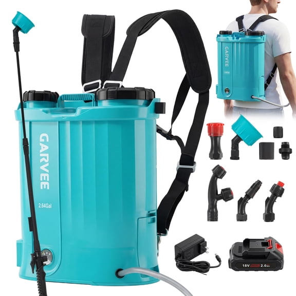 Powerful Battery Backpack Sprayer - 2.64 Gallon, Adjustable 0-65 PSI, 5 Nozzles, Rechargeable 18V, Ergonomic Wide Mouth, for Fertilizer, Weed & Lawn Care White + Lake Blue