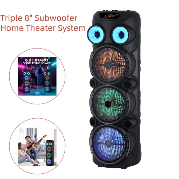 Powerful Bluetooth Speaker with Triple 8inch Subwoofer, Heavy Bass, Wireless Stereo Pairing, FM Radio, LED Lights for Home, Outdoor, Party