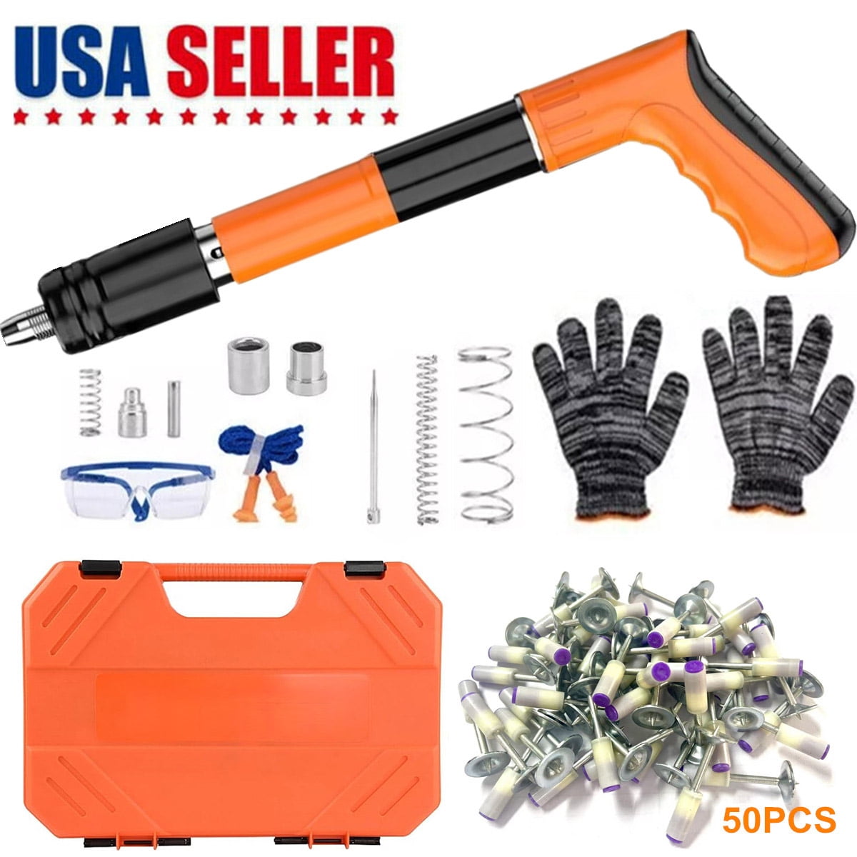 Powerful Concrete Nail Gun Air Nailer Tool with 50PCS Round Nails for Wall Fastening, Heavy Duty Air-Powered Concrete, Brick, Masonry Framing, Flooring and Construction Projects