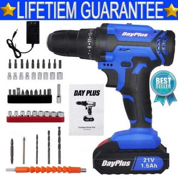Powerful Cordless Drill Set & Screwdriver w/2 Batteries, 21V 45N.m Impact Power Tool, EU Fast Charger, 18 + 1 Torque Setting W Quick-Release Drill Chuck, 2-Speed with 29pcs Accessories