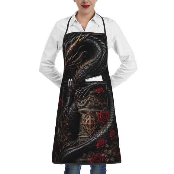 Powerful Dark Gothic Dragon Illustration Apron with Pocket Cooking Waterproof Bib Aprons for Kitchen Baking Chef Gardening BBQ