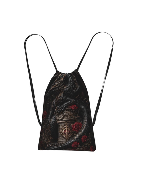 Powerful Dark Gothic Dragon Illustration Packable Drawstring Backpack, Lightweight Foldable Cinch Storage Bag for Gym Travel Shopping